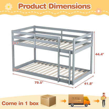 SESSLIFE Bunk Bed Twin Over Twin, Low Floor Bunk Bed with Guard Rails for Dorm, Small Space, No Box Spring Needed(White)