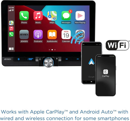 Jensen J1CA10FL-BUC 10.1-inch Certified Apple CarPlay Android Auto Wired or Wireless | Single DIN and Double DIN Touchscreen Car Stereo Radio | Bluetooth | USB Charge | Backup Camera Included