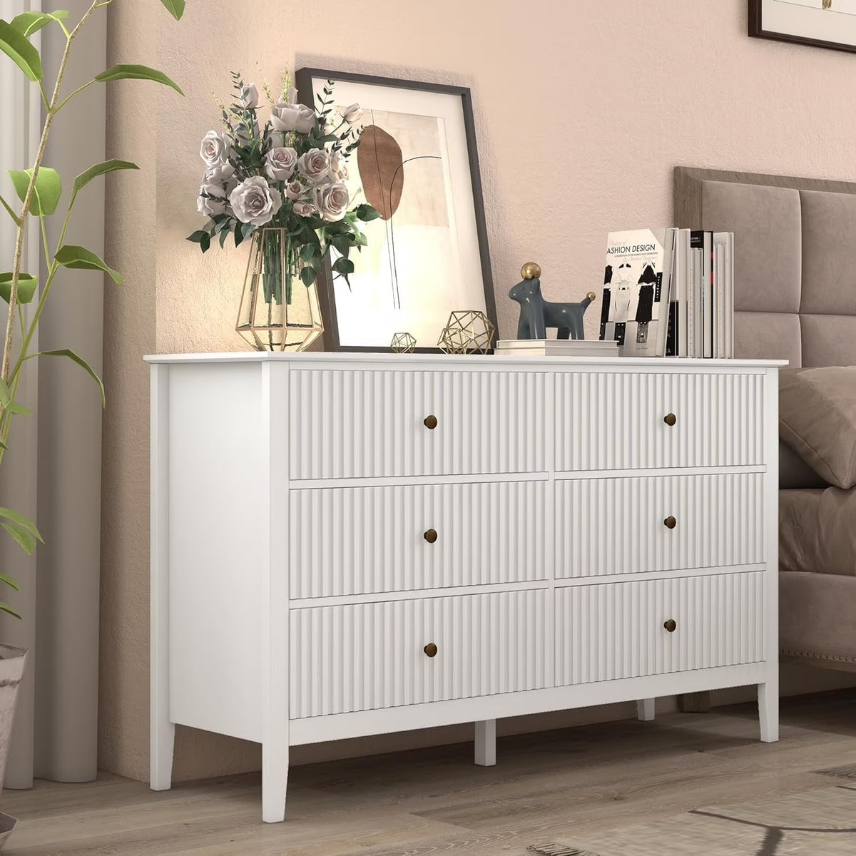 Heynemo Beige 6 Drawer Dresser, Fluted Modern Wood Chest