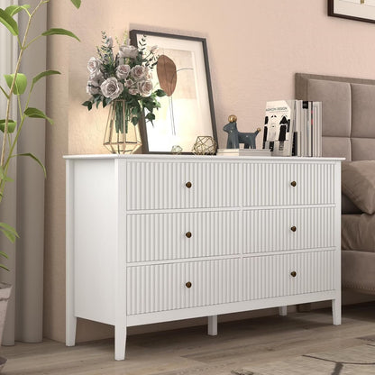 Heynemo Beige 6 Drawer Dresser, Fluted Modern Wood Chest