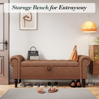 Gelloan Storage Ottoman Bench for Bedroom,Upholstered Bedroom Bench with Rolled Arms and Rivets, Storage Chest for Living Room,Grey,51 Inches