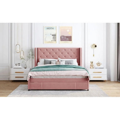 Queen Bed Frame with Storage Drawer, Velvet Upholstered Storage Bed, Wood Platform Bed Frame with Wingback Headboard and a Big Drawer(Beige)