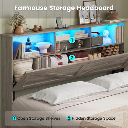 Twin Bed Frame with 4 Storage Drawers and Charging Station, Farmhouse Wooden Led Twin Bed with Storage Hidden Space Headboard and Metal Slats, Gray