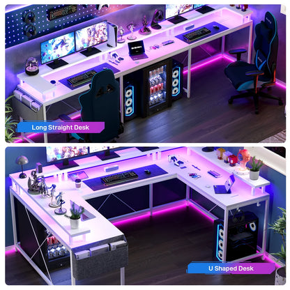 Yesfashion U Shaped Computer Gaming Desk, Reversible L Shaped Desk with Power Outlets, LED Strip & Monitor Stand, Large Corner Desk with Storage Shelves