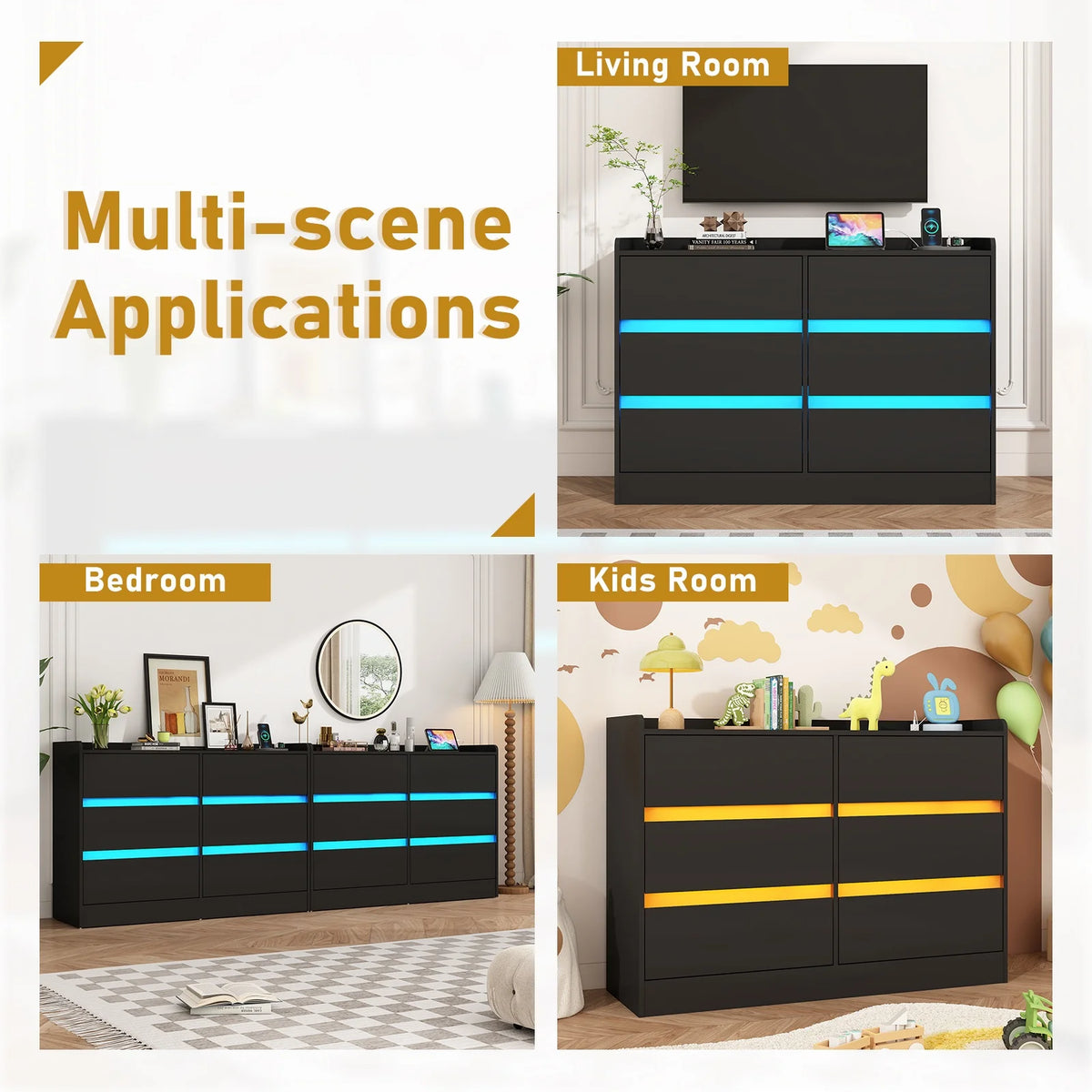 9 Drawer Dresser for Bedroom with Power Outlet, 63" Large Dresser with LED Light, Wooden Dresser For Closet, Chest of Drawers with Raised Edges