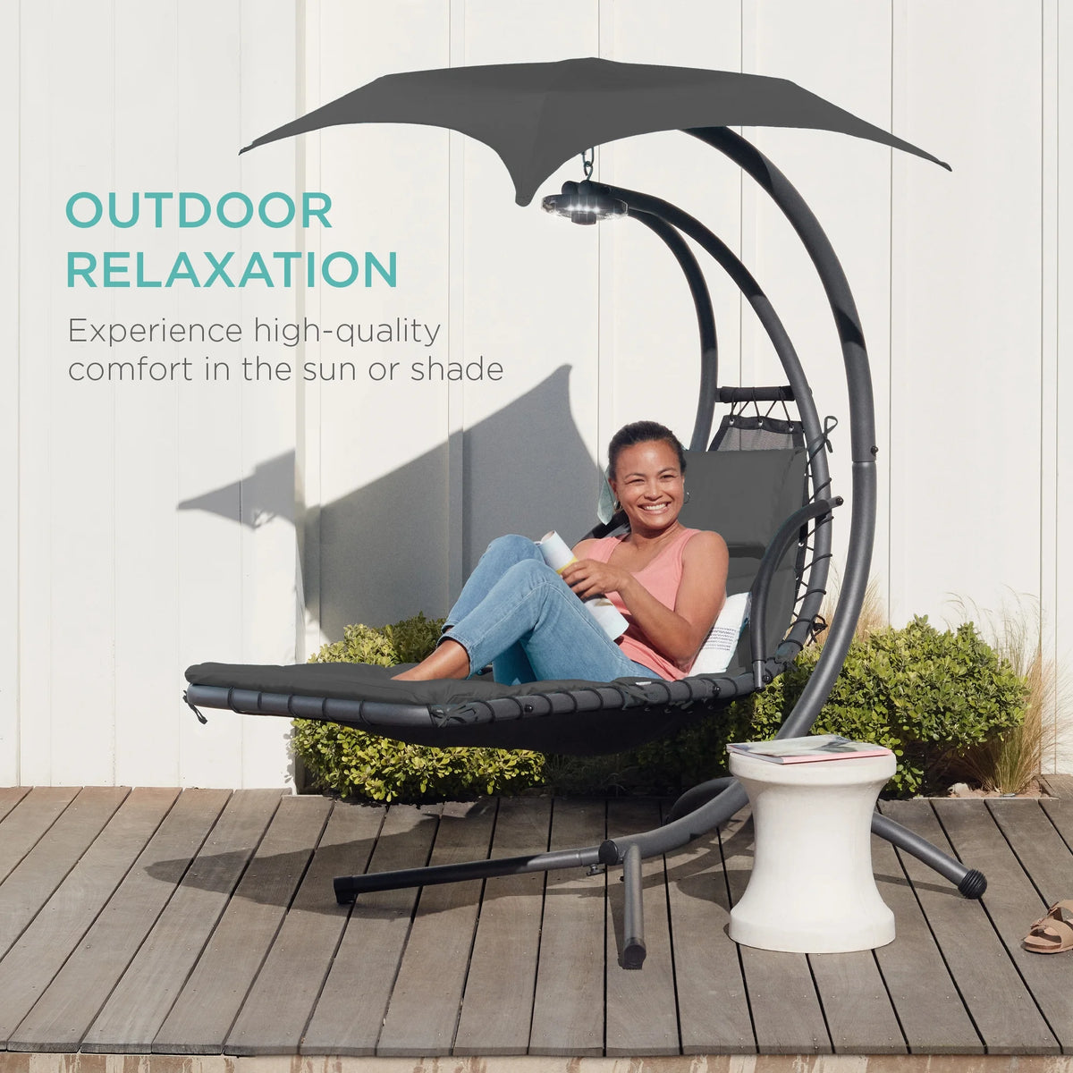 Best Choice Products Hanging Curved Chaise Lounge Chair Swing for Backyard, Patio w/ Pillow, Shade, Stand - Teal
