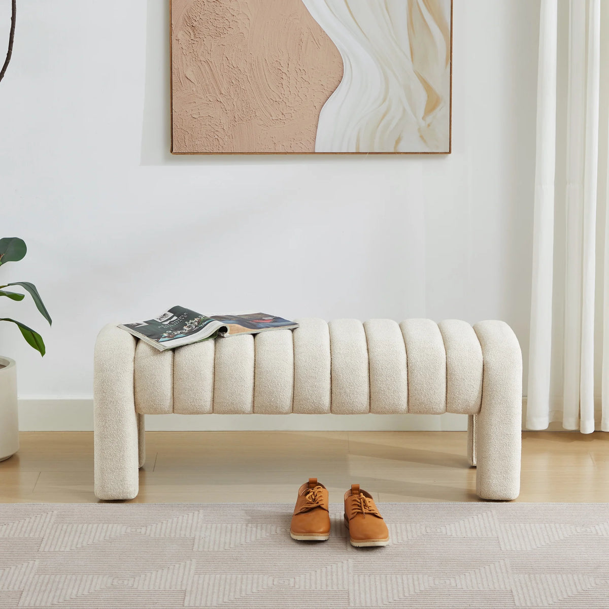 Zesthouse 63�� End of Bed Bench, Linen Tufted Upholstered Ottoman Bench with Padded Seat and Solid Wood Leg, Modern Entryway Bench for Bedroom, Living Room, Beige