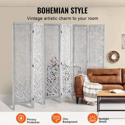 KFFKFF Wooden Space Separator, 6-Panel Foldable Privacy Barrier, 66.9 Inches High Indoor Engraved Partition Screen, Movable Decorative Panel, Ideal for Home, Office, Dining Area & Sleeping Quarters