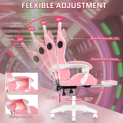 Hoffree Gaming Chair with Speakers PU Leather Office Chair with Footrest and LED Lights Ergonomic Gamer Chair with Massage Lumbar Support and Headrest Adjustable Swivel for Home Office 300lb