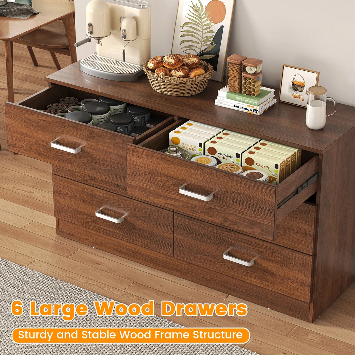 Winkalon 6 Drawer White Double Dresser, Wood Storage Cabinet with Easy Pull Out Handles for Living Room,Chest of Drawers for Bedroom