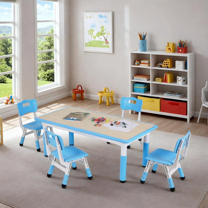 LAZY BUDDY Kids Table and 4 Chairs Set, Height Adjustable Toddler Desk with Graffiti Desktop, Kids Activity Table Set for Daycare, Home