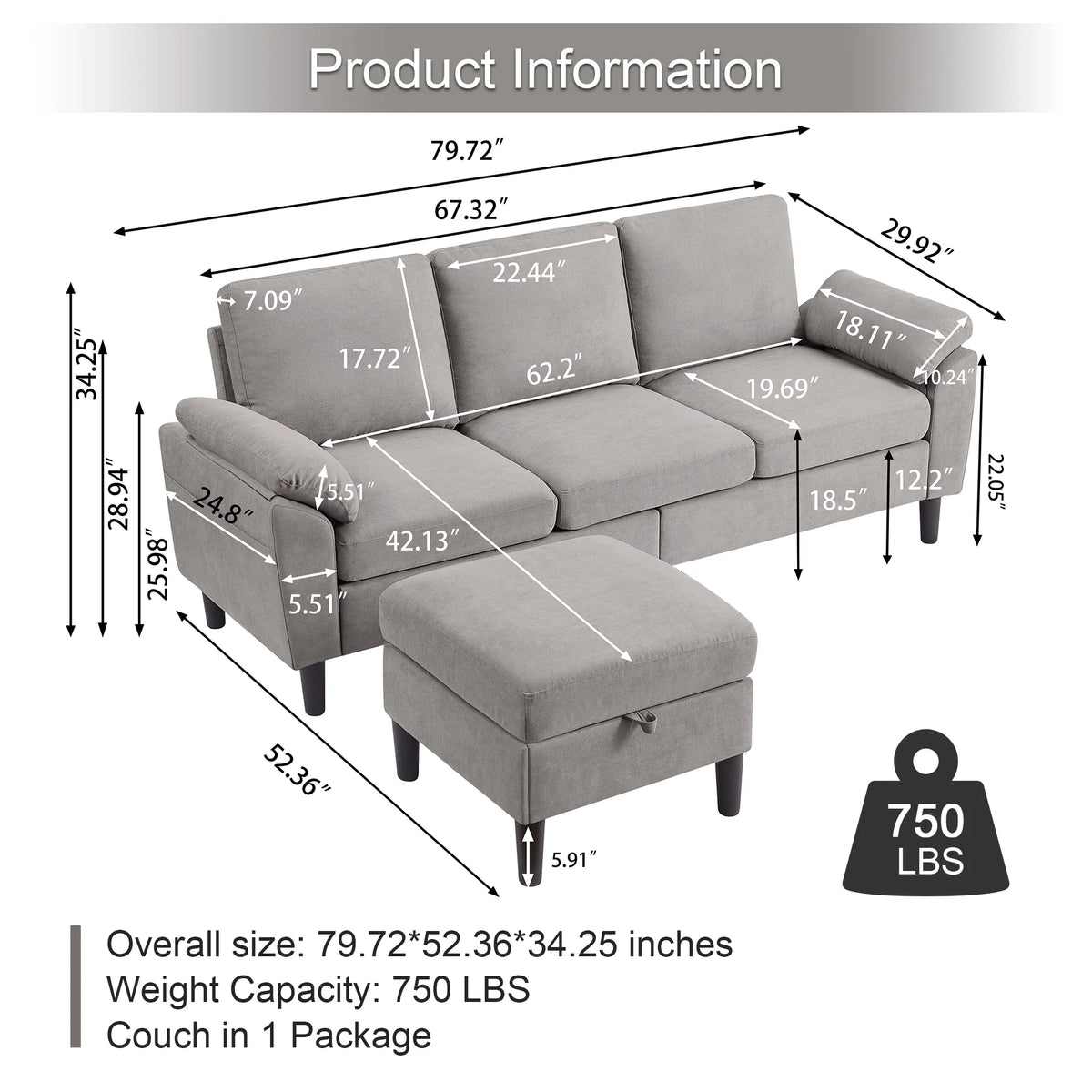 Pingliang Home Sectional Sofa Couch with Storage Ottoman,Modern 3 Seat L Shaped Sofa Couch for Living Room Apartment Studio Office