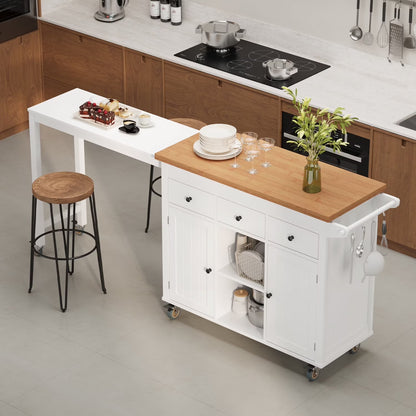 Noelse Rolling Kitchen Island with Drop Leaf Table and Hidden Trash Cabinet, Mobile Kitchen Cart with Storage Drawer, Adjustable Shelves & Rubberwood Countertop on Wheels, White