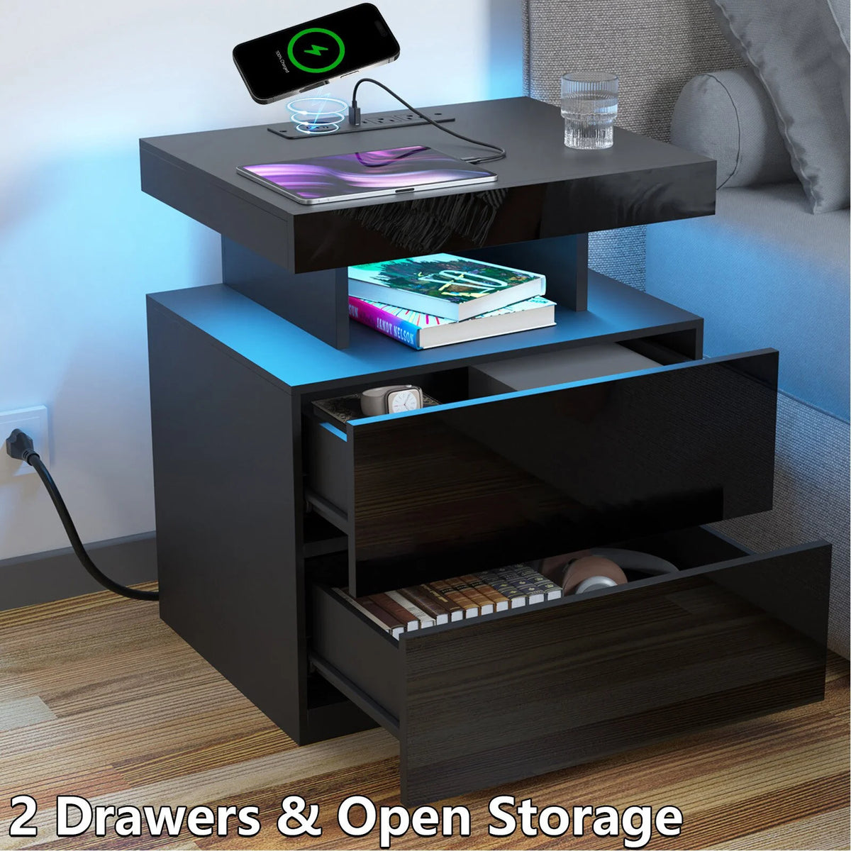 Hommpa LED Nightstand with Wireless Charging Station Modern Nightstand Type C USB Port 2 Drawers Bedside Table Black Smart Night Table High Gloss End Side Table for Bedroom Furniture 22.3" Tall