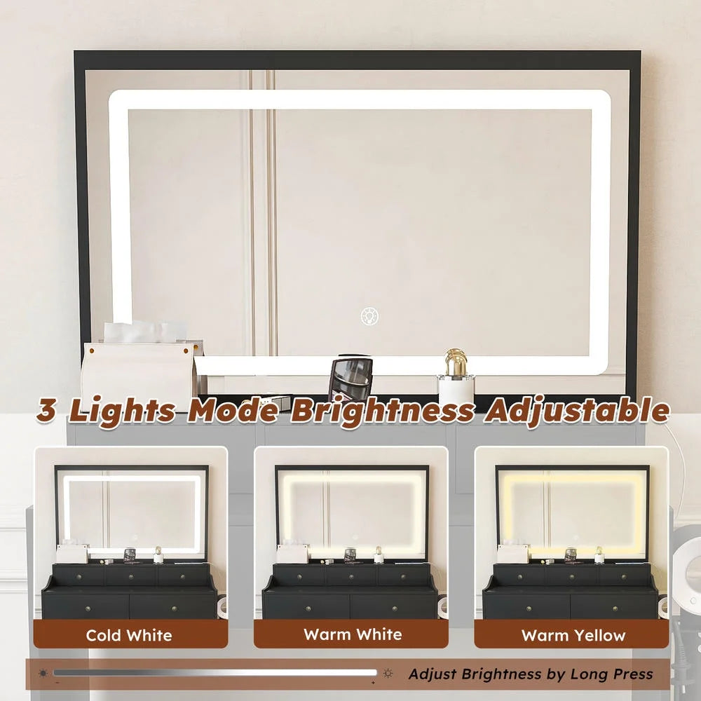Kadyn Vanity Desk with Lighted Mirror, Vanity Table and Chair Set with 2 Drawers, Dressing Table Makeup Desk with 1 Door, Retro Gray