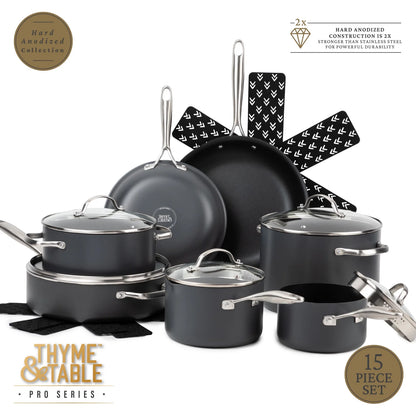 Thyme & Table 15-Piece Non-Stick Hard Anodized Cookware Set, Pots and Pans Set - Black