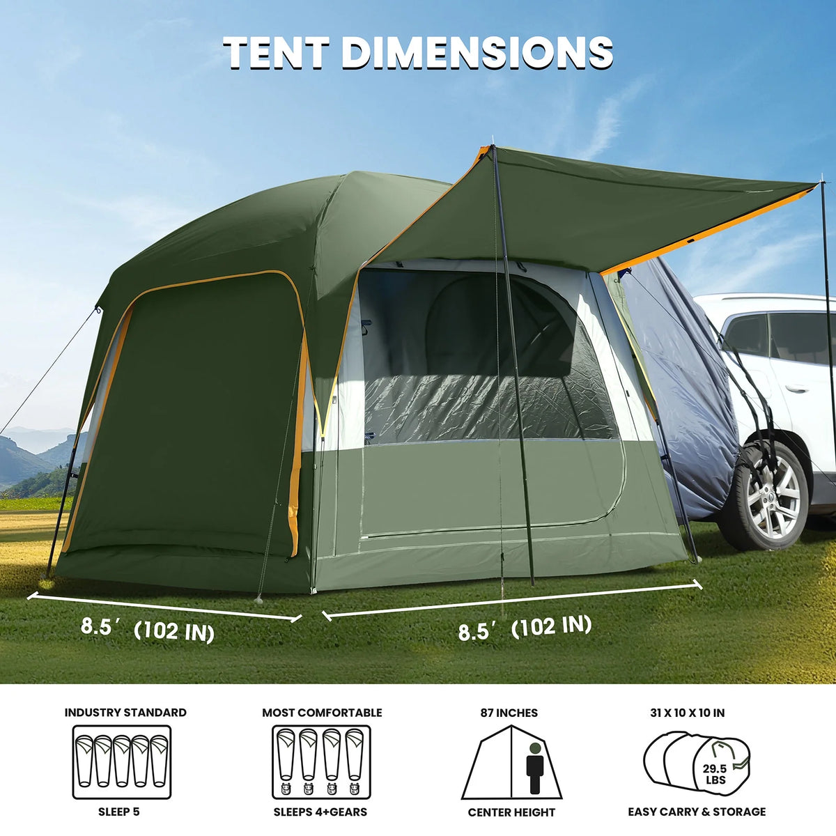 MOPHOTO SUV Tents for Camping 4 People, PU 3000mm Waterproof SUV Tent Attachment Tailgate Tent for Car Jeep Van, Spacious Space 8.2'L x 8.2'W x 7.2'H with 2 Awnings & Double Door