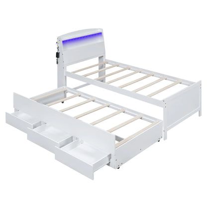 Euroco Wood Twin Size Platform Bed with Storage Headboard, Drawers Trundle and LED Light, White