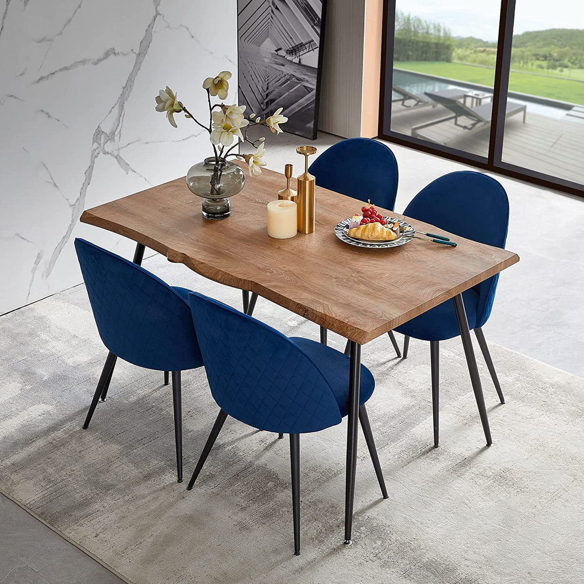 NORDICANA Dining Table Set for 4,Stylish Table with Strong Metal Legs & Modern Dining Chair Armlss Beautiful Home Chair Indoor Velvet Accent Chair with High Back Design,Perfect for Dining Room