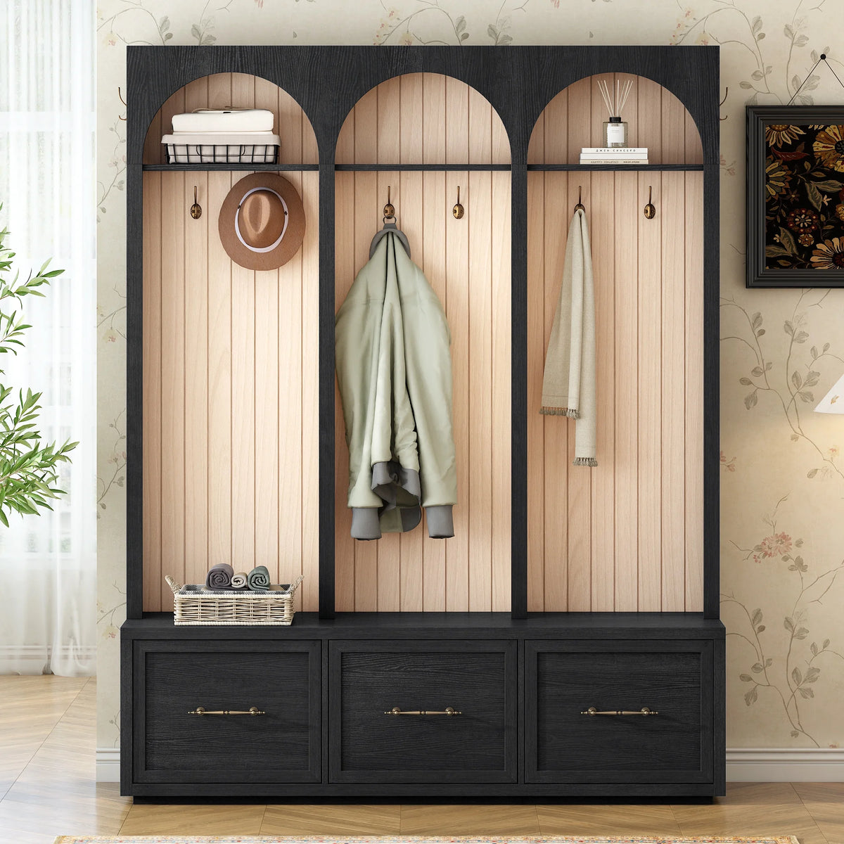 Euroco Farmhouse Wooden Style Hall Tree with Arched Design, Elegant 59" Wide Entryway Bench with 8 Retro Hooks, Rustic Coat Rack & Shoe Organizer with 3 Drawers for Mudroom, Living Room, Dark Walnut