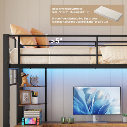 Lofka Twin Loft Bed with L-Shaped Desk, RGB Lights & Charging Station, 400lb Capacity Metal Frame, 3 Shelves & 2 Drawers, Easy Assembly��White