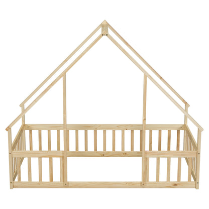 Bellemave Twin Size Floor Bed Frame, Wooden House Bed Twin Size with Fence, Montessori Bed with Guardrails for Bedroom (White)