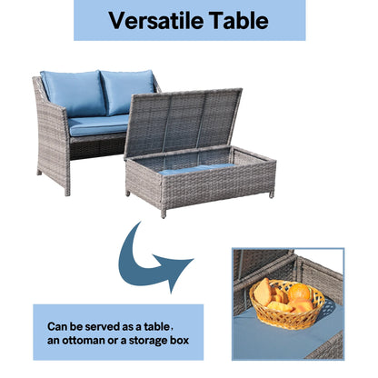 Outdoor Wicker Love Seat and Coffee Table Set, Weather Resistant Grey Rattan, Patio Furniture with Gray Cushions & Storage Bin