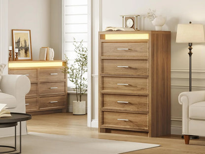 AOGLLATI Mid-Century Modern Dresser for Bedroom with 5 Drawer, Dressers& Chests of Drawers, 44.5�� Tall Wood Dresser with 3 Color Lights for Bedroom, Wood
