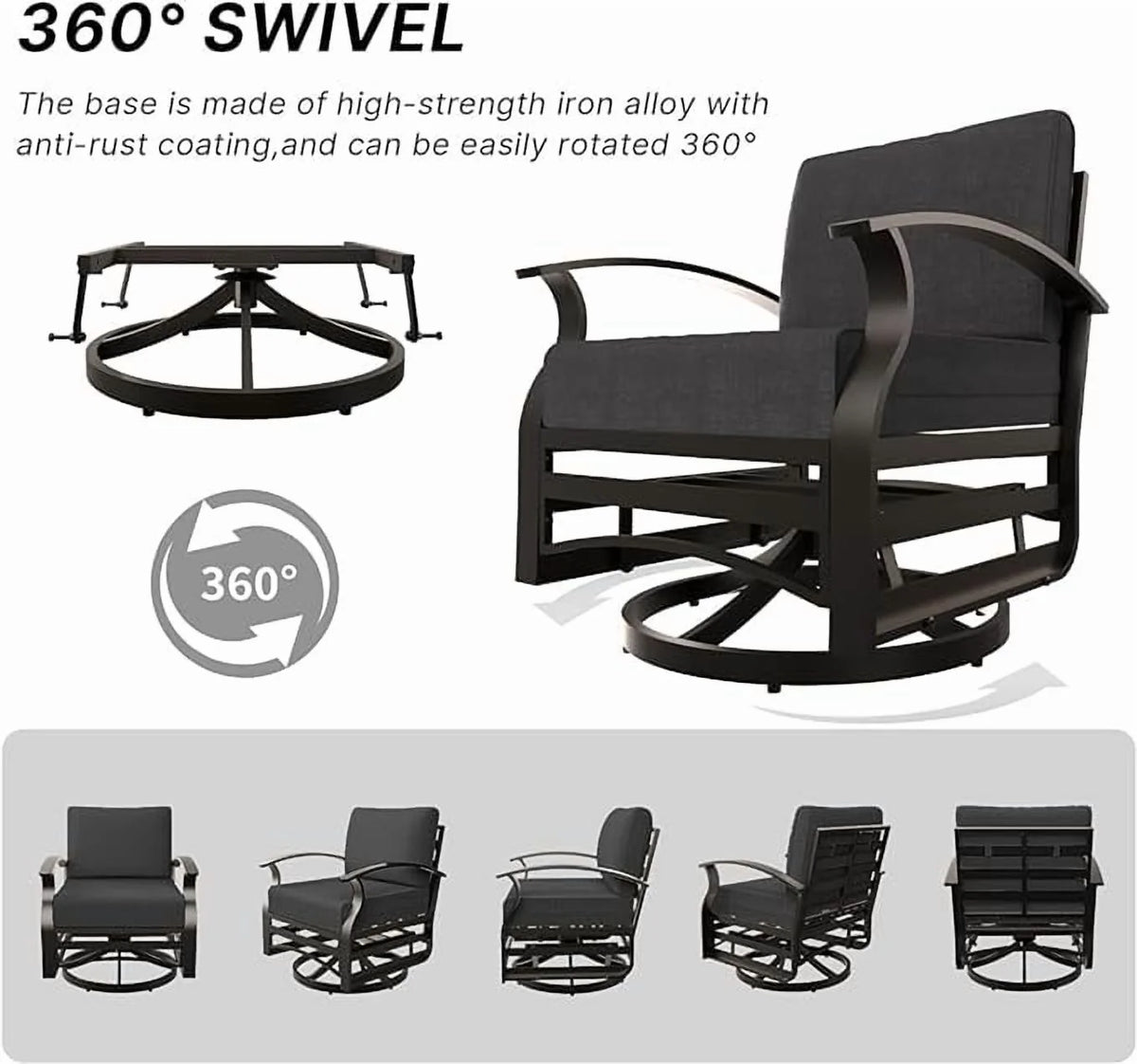 ALAULM 3 Piece Patio Outdoor Aluminum Metal Swivel Rocking Chair with 1 Coffee Table and 2 Khaki Padded Cushions Outdoor Metal Swivel Rocking Chair Furniture Conversation Set for Porch Garden