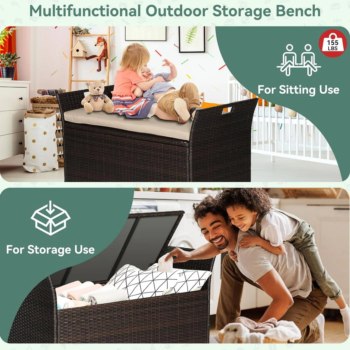 SOLAURA 90 Gallon Patio Wicker Storage Bench w/Cushion, Outdoor Rattan Deck Storage Box w/Handles & Hydraulics, Gray