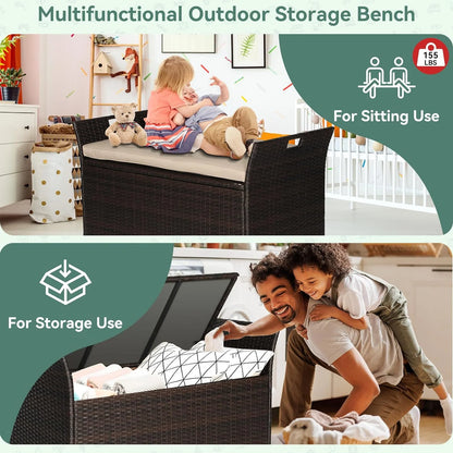SOLAURA 90 Gallon Patio Wicker Storage Bench w/Cushion, Outdoor Rattan Deck Storage Box w/Handles & Hydraulics, Gray