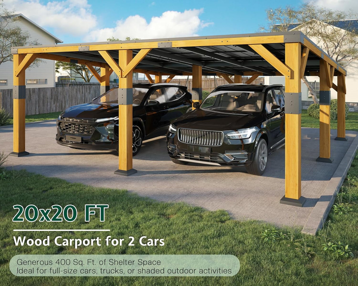 Jocisland 20x20x9.2 ft Cedar Wood Carport with Sloped Galvanized Steel Roof, Heavy Duty Outdoor Shelter for 2 Cars, Trucks, Boats & Tractors