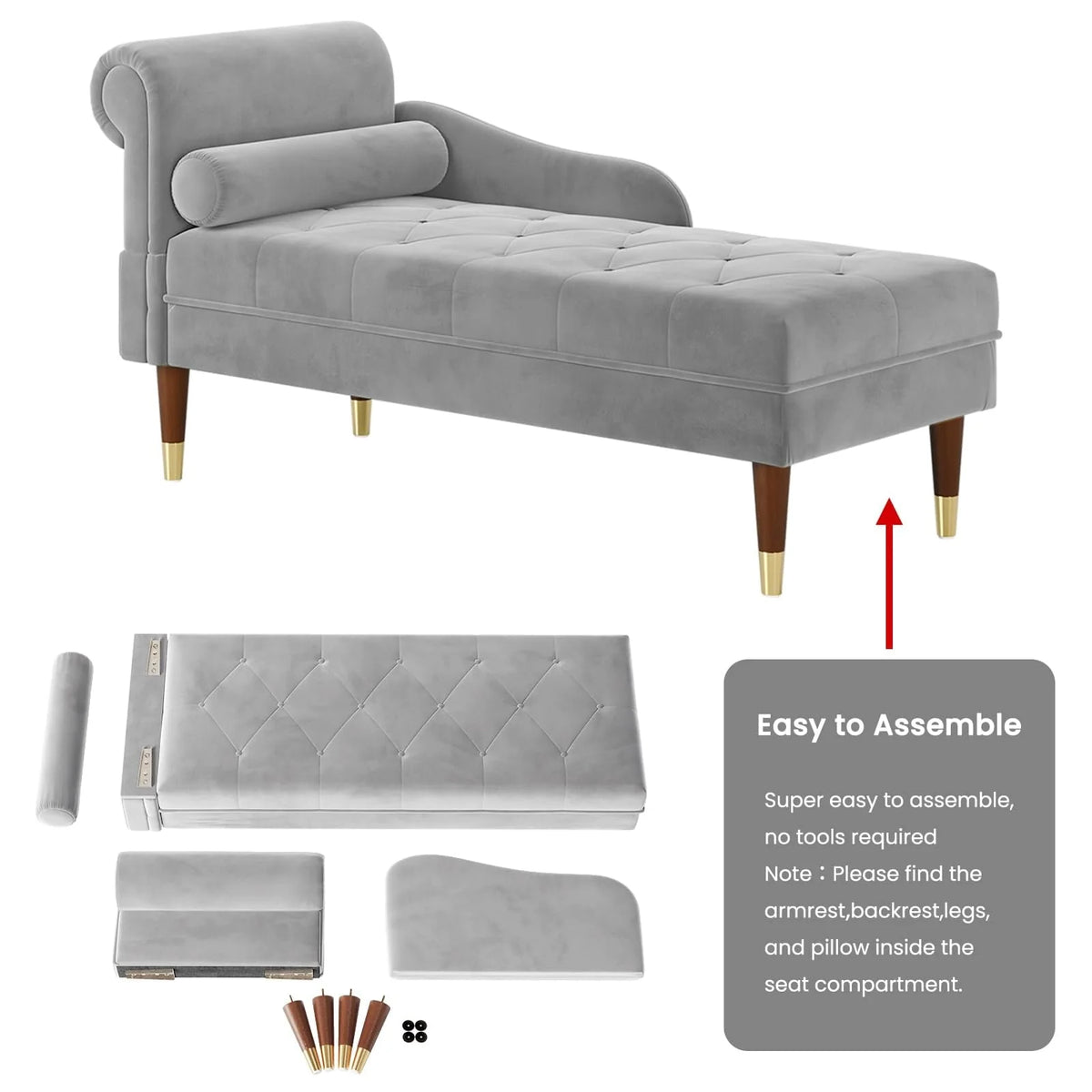 Vesgantti Velvet Chaise Lounge,59" Modern Upholstered Lounge Chair Indoor with Round Armrest Lumbar Pillow, Single Sofa for Living Room Bedroom Office,Grey