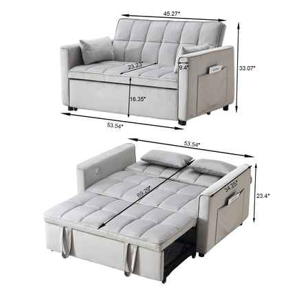 Velvet 3-in-1 Convertible Sofa Bed �C USB Charging, Adjustable Backrest Pull-Out Couch Loveseat Sleeper for Living Room, Apartment & Small Space,Black