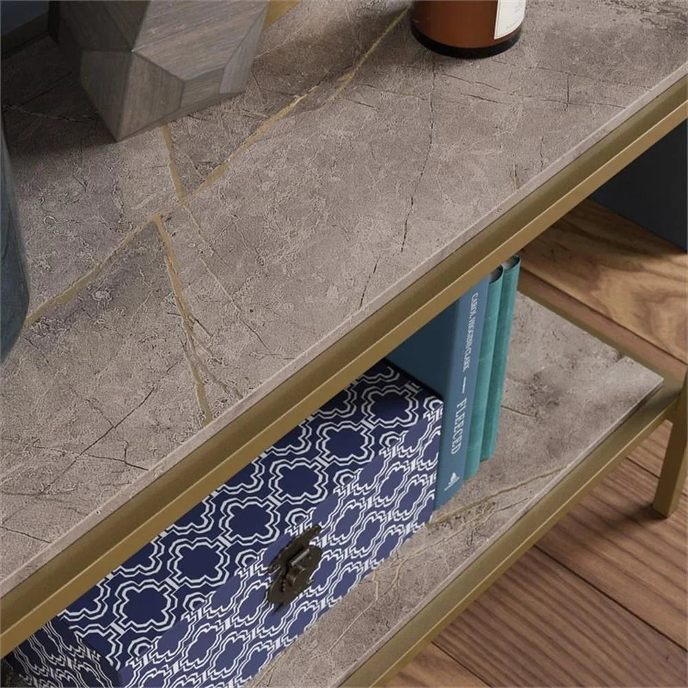 Pemberly Row 5-Shelf Modern Metal Bookcase in Gold Satin/Faux Deco Stone