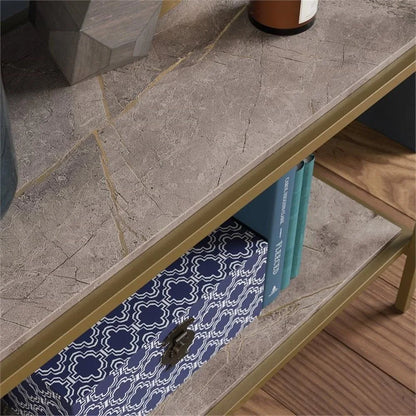 Pemberly Row 5-Shelf Modern Metal Bookcase in Gold Satin/Faux Deco Stone