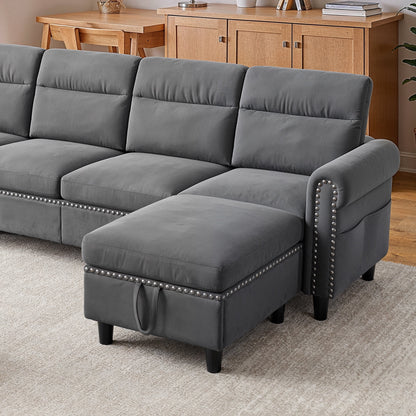106" Modular Sectional Sofa Bed with Storage Ottoman, Lofka Modern Comfy Couches and Sofas with Side Pockets for Small Spaces, Living Room Furniture in Dark Gray