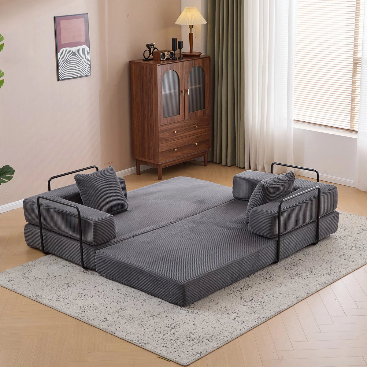 Taicans ?Convertible Floor Sofa Bed - 3 Seats Foldable Corduroy Futon Couch w/Pillow Support,Space-Saving Guest Bed for Living Room,Dorm,No Assembly Compressible Foam Mattress (Gray,76.7Inch L)