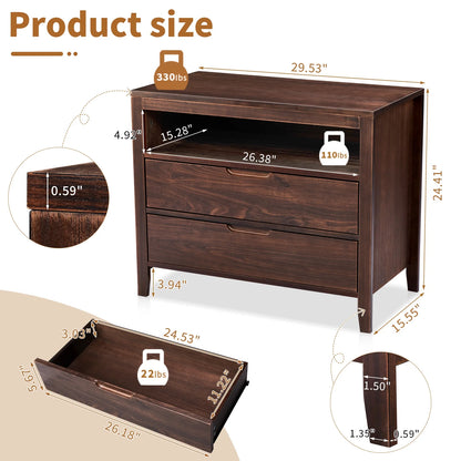 UBesGoo Nightstand 2 Drawer Dresser Side Table, Soild wood & MDF with Solid Wood Veneer, Brown