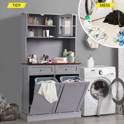 KIGOTY Dual Kitchen Trash Cabinet, Double Tilt Out Trash Can Cabinet with Countertop and Drawer, Free-Standing Pet Proof Recycling Cabinet Garbage Can Holder, Wood (White)