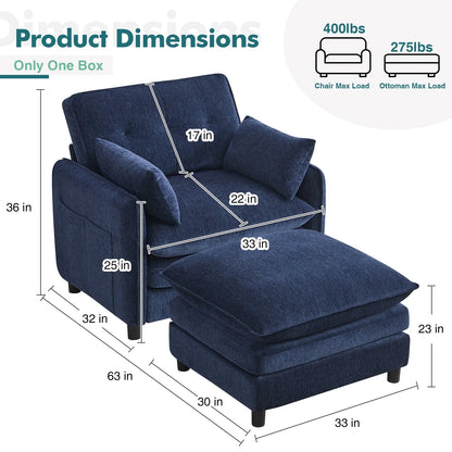 Aemeios Upholstered Chenille OversizedAccent Armchairs with Ottoman and Side Pocket, Cream