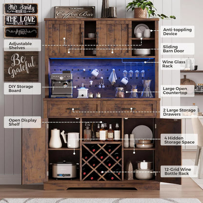 LAFGUR 72" Kitchen Storage Cabinet with Power Outlet & LED Light, Coffee Bar Cabinet with Drawers & Wine Glass Rack,Sideboard for Home,White