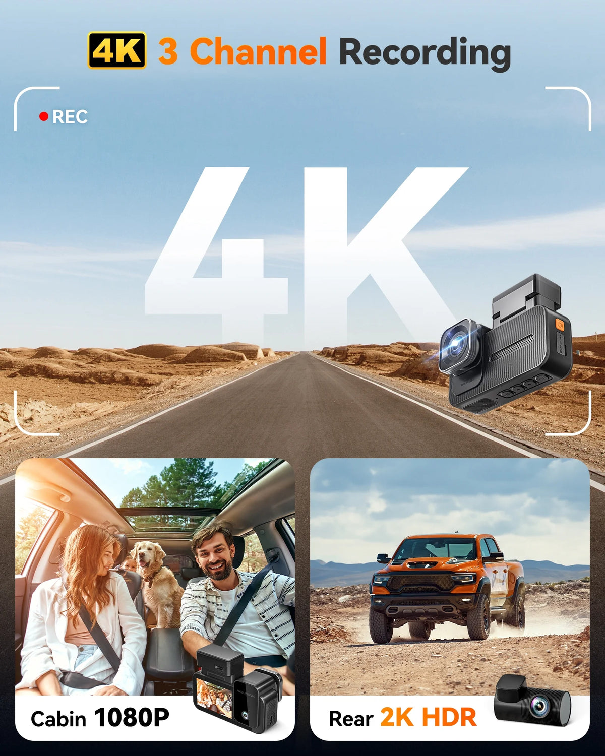 WolfBox X5 3 Channel Car Dash Cam, 4K Front+1080P Inside+2.5K Rear Camera, 5.8GHz Wi-Fi & GPS, Touchscreen, Voice Control