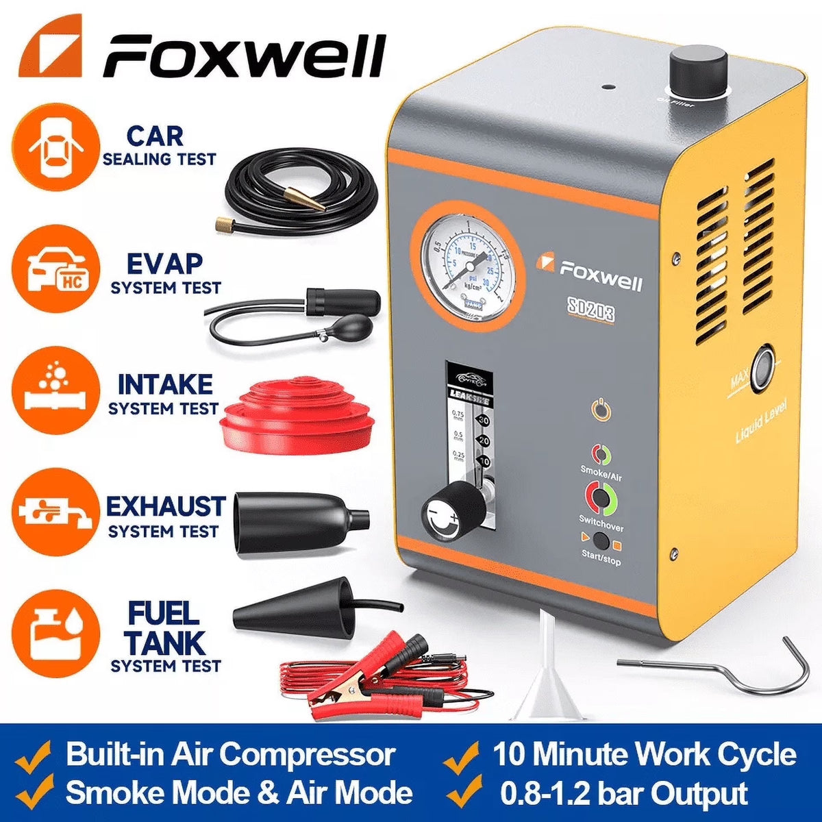 FOXWELL SD203 Automotive Smoke Machine with Pressure Gauge & Flow Meter, All Systems EVAP Vacuum Leak Detector