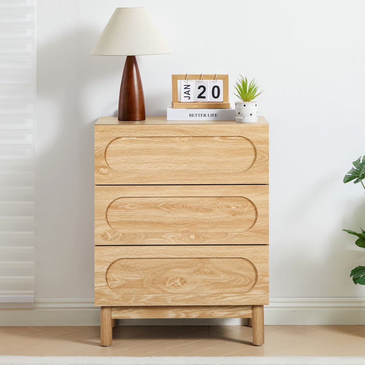 MIYZEAL Modern Wood Chest of 3 Drawers Bedroom Dresser, Wide Storage Cabinet & Contemporary Nightstand for Adults Walnut Finish Bedside Furniture