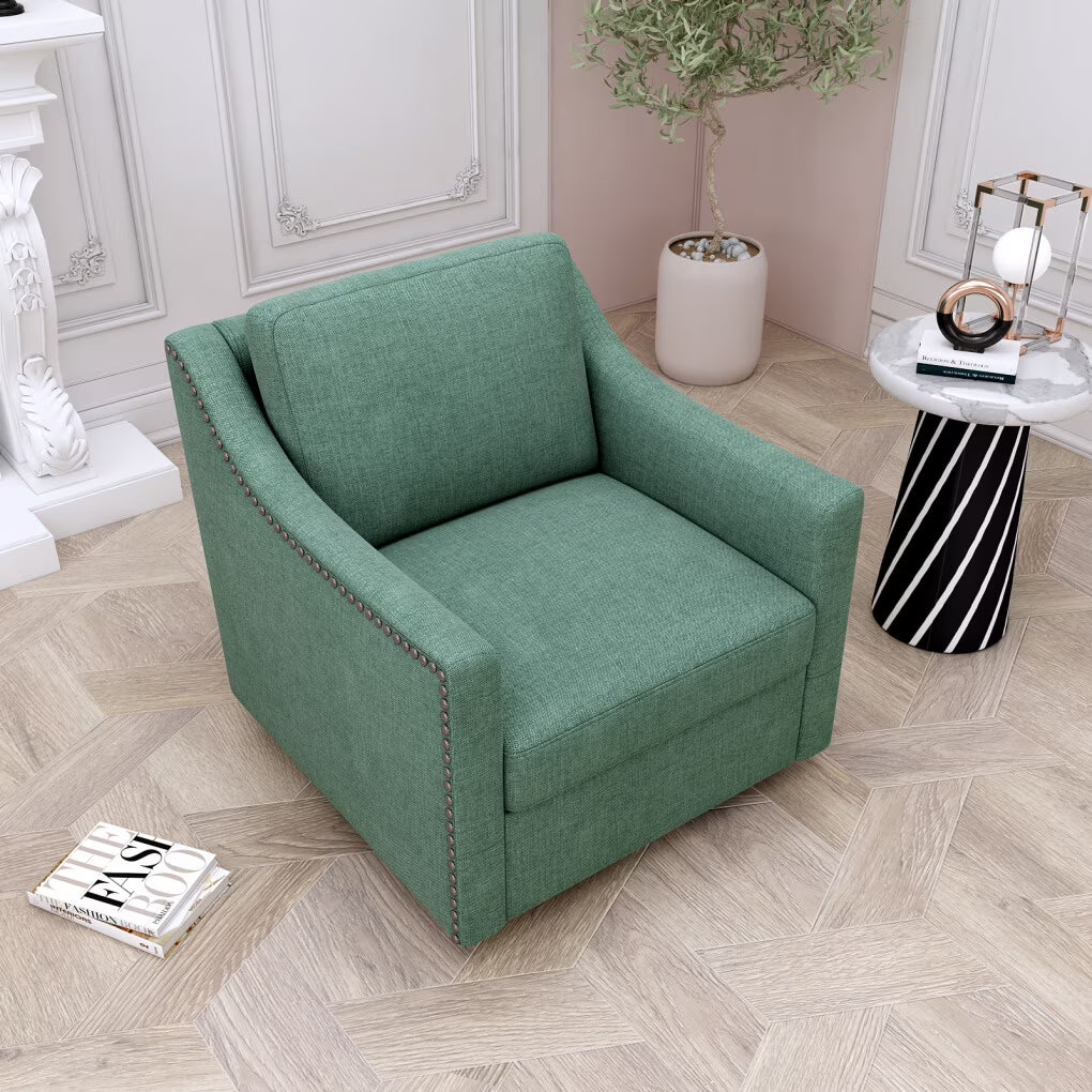 Swivel Accent Chair Armchair, 360�� Swivel Chair in Cotton Linen, Living Room Chairs with Wide Cusion and Curved Armrest, Comfy Barrel Sofa Reading Chairs for Bedroom, Small Spaces, Office, Grey