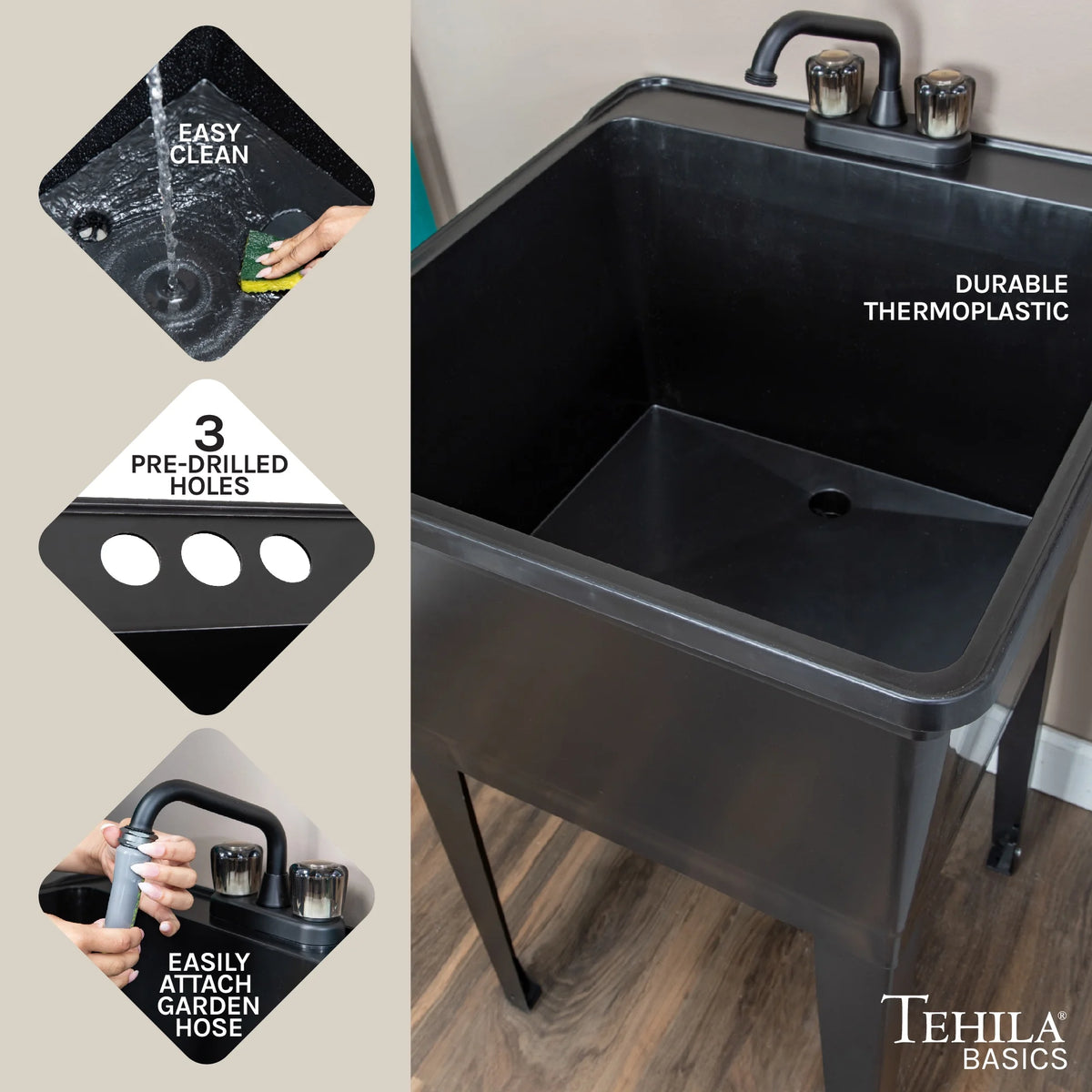 Tehila Freestanding Black Utility Sink with Black Faucet for Laundry Room
