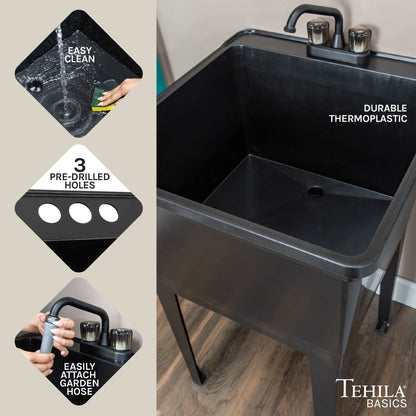 Tehila Freestanding Black Utility Sink with Black Faucet for Laundry Room