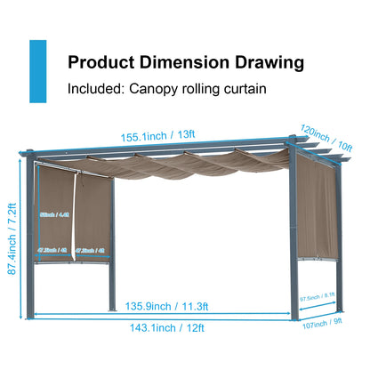 Aoodor 10 x 10 ft. Outdoor Pergola with Retractable Canopy and Sunshade Roller Curtains, Aluminum Frame Grape Trellis Pergola for Patio Backyard and Deck - Gray