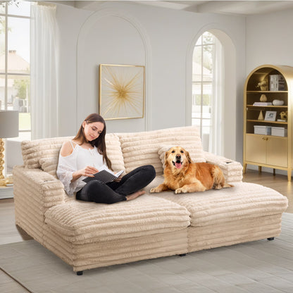 Oversized Double Chaise Lounge, Faux Fur Upholstered Deep Seat Sofa with 2 Pillows, 2 Cupholders, and Dual USB Ports